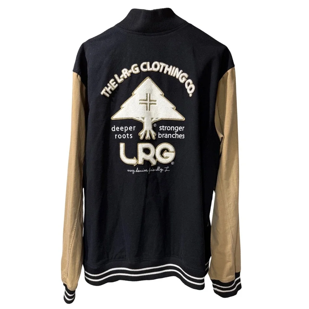 LRG Mens XXL Black Tan Deeper Roots Varsity Jacket Embroidered Streetwear Y2K